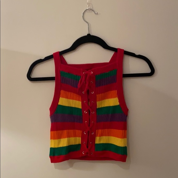 NWOT 🌈Lazy Oaf rainbow knit crop top w lace up back pride - Picture 5 of 5
